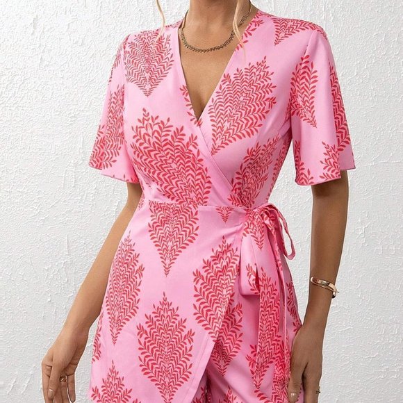 . Pants - Pink Boho Womens Allover Print Knot Side Wrap Romper